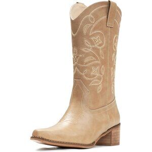 Women's Apricot Pointy Toe Faux Leather Western Cowgirl Mid Calf Boots